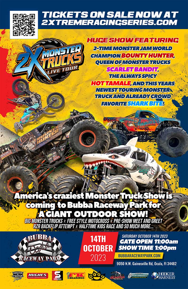 America’s craziest -outdoor national monster truck show  & motocross show on tour is headed to Bubba Raceway Park and it’s going to be BIG!