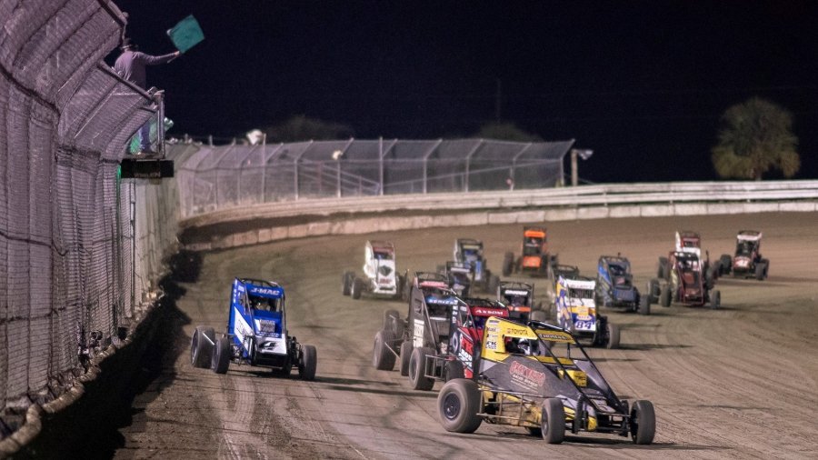 USAC NOS Energy Drink National Midgets take the green flag at Bubba Raceway Park in Ocala. Fla. Dave Olson Photo